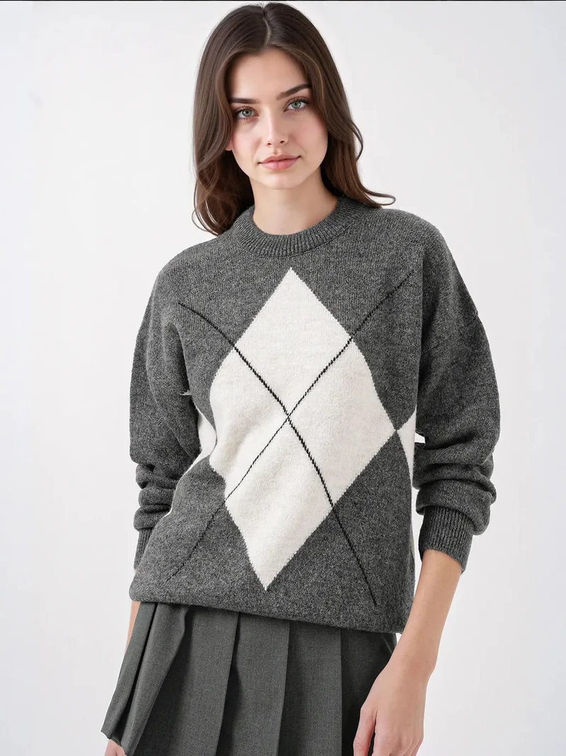 Big Dart Charcoal Grey BDART Oversized Argyle Crew Neck Jumper for Women | Best Price UAE