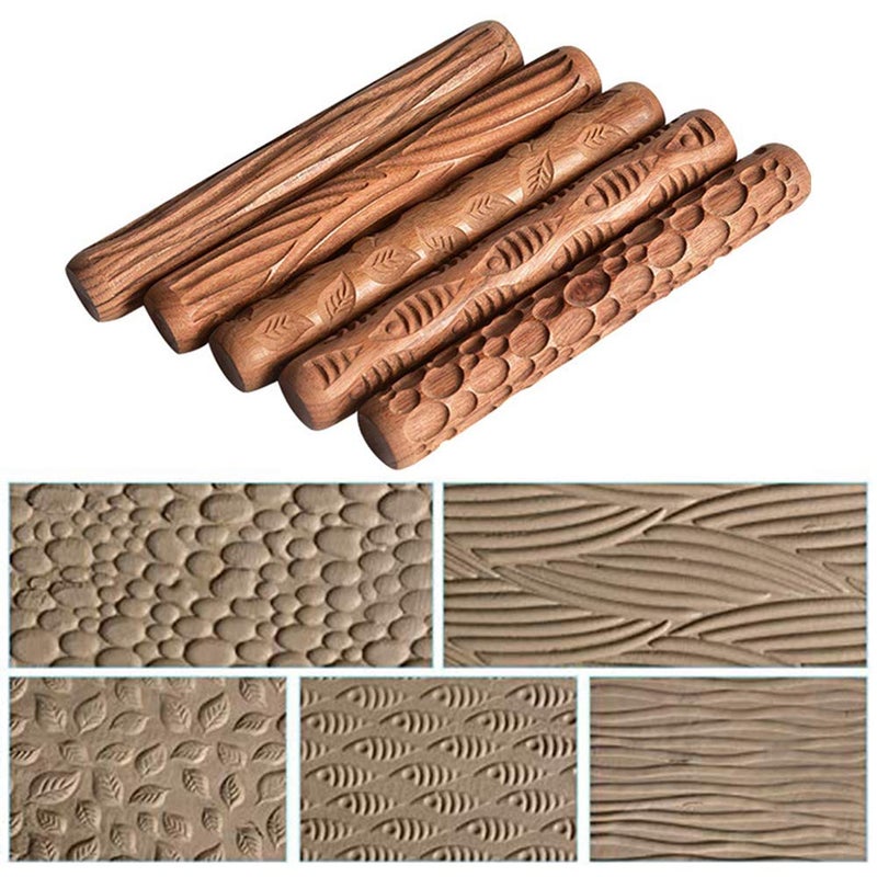 Yushen 5Pcs Wooden Clay Texture Rolling Emboss Plaid Hand Rollers Polymer Clay Ceramic Pattern Pottery Tools