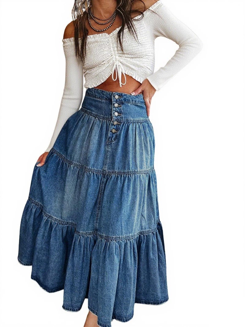 utcoco Women's High Waist Long Denim Skirt Button-Fly Tiered Ruffle Swing A-Line Jean Maxi Skirt with Pockets (Large, Dark Blue) - Image 1