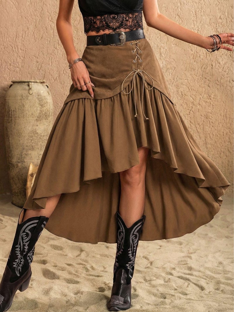 Verdusa Women's Rodeo Western Cowgirl Rave Club Outfit Long Skirt Renaissance Asymmetrical Flowy Ruffle Boho Skirts Brown Medium - Image 3