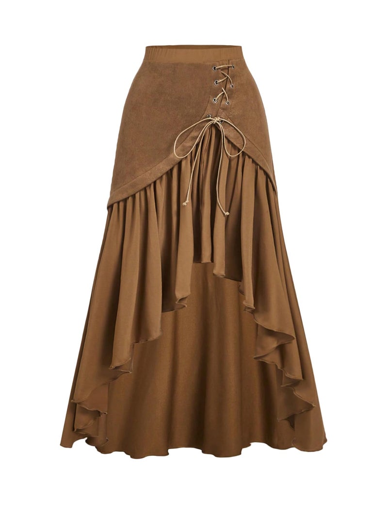 Verdusa Women's Rodeo Western Cowgirl Rave Club Outfit Long Skirt Renaissance Asymmetrical Flowy Ruffle Boho Skirts Brown Medium - Image 1