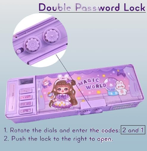 Invite Enterprise Purple Magic World Pop-Up Pencil Case Organizer with Password Lock, Sharpener, Schedule & Whiteboard – Multifunctional Cartoon Pen Box for Teens, Perfect Birthday Stationery Gift - Image 2