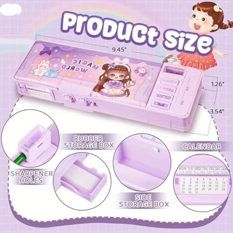 Invite Enterprise Purple Magic World Pop-Up Pencil Case Organizer with Password Lock, Sharpener, Schedule & Whiteboard – Multifunctional Cartoon Pen Box for Teens, Perfect Birthday Stationery Gift - Image 3