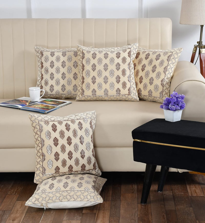 LOOMLYFE Jacquard Geomteric Cushion Covers 16 Inch X 16 Inch Set Of 5 Ethnic Motifs 240 TC Cushion Covers,Design- Ambi,Color- Cream - Image 1