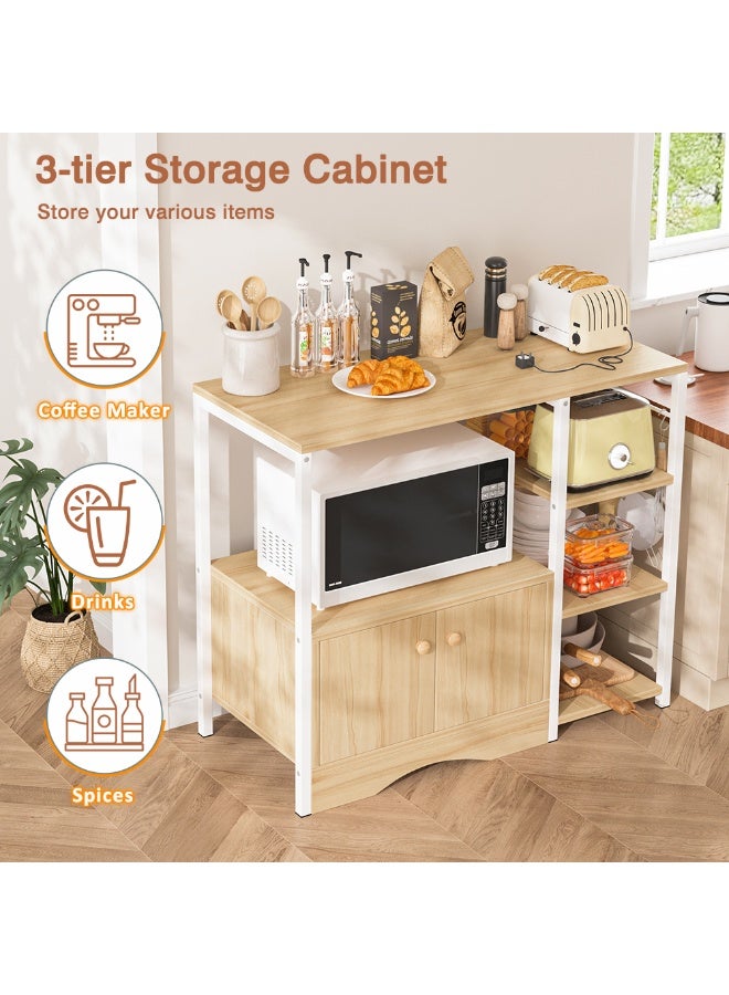 SHEIDLIN 3-Tier Multifunctional Kitchen Storage Cabinet With Closed Cabinet Side Layer Hooks Microwave Coffee Bar Stand For Home Use - Image 2