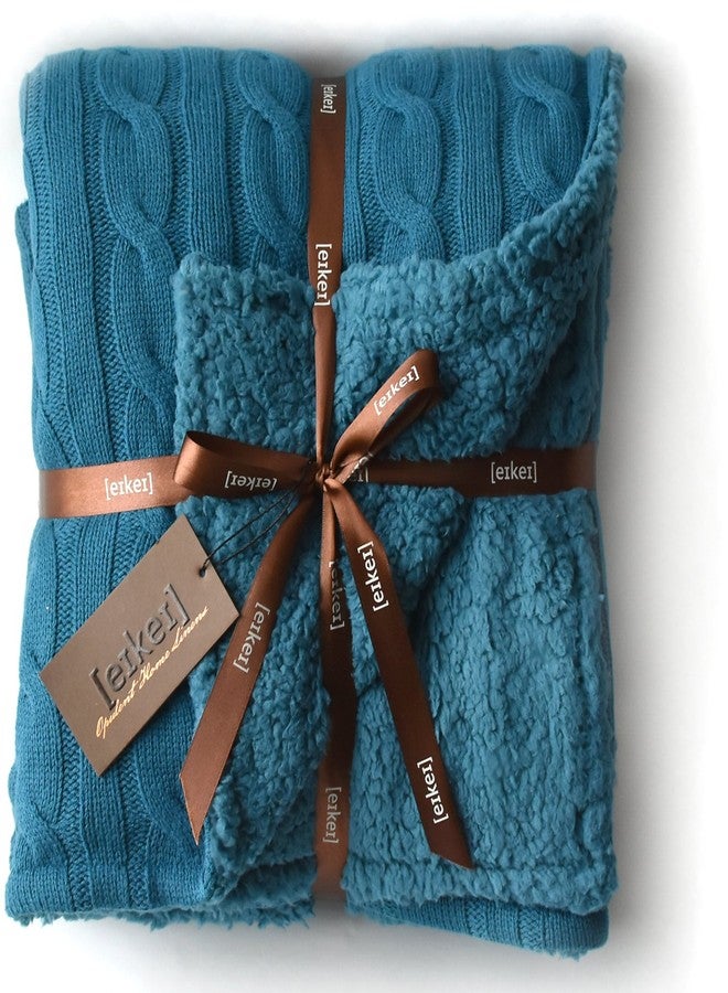 Eikei Cable Knit Sherpa Oversized Throw Reversible Blanket Faux Sheepskin Lined Cozy Cotton Blend Sweater Knitted Afghan in Grey White or Turquoise Blue (Ocean Teal) - Image 1