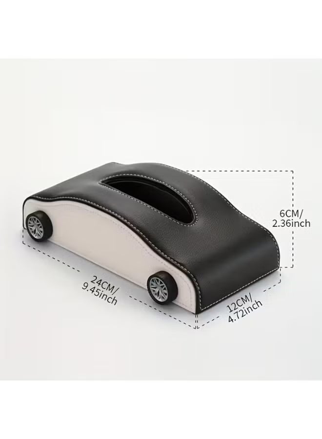 JUE-FISH Car-Shaped Tissue Box Holder, PU Leather Tissue Case with Anti-Slip Base, Auto Interior Organizer Napkin Holder, Luxury Car Accessories for Dashboard (Black and beige) - Image 3