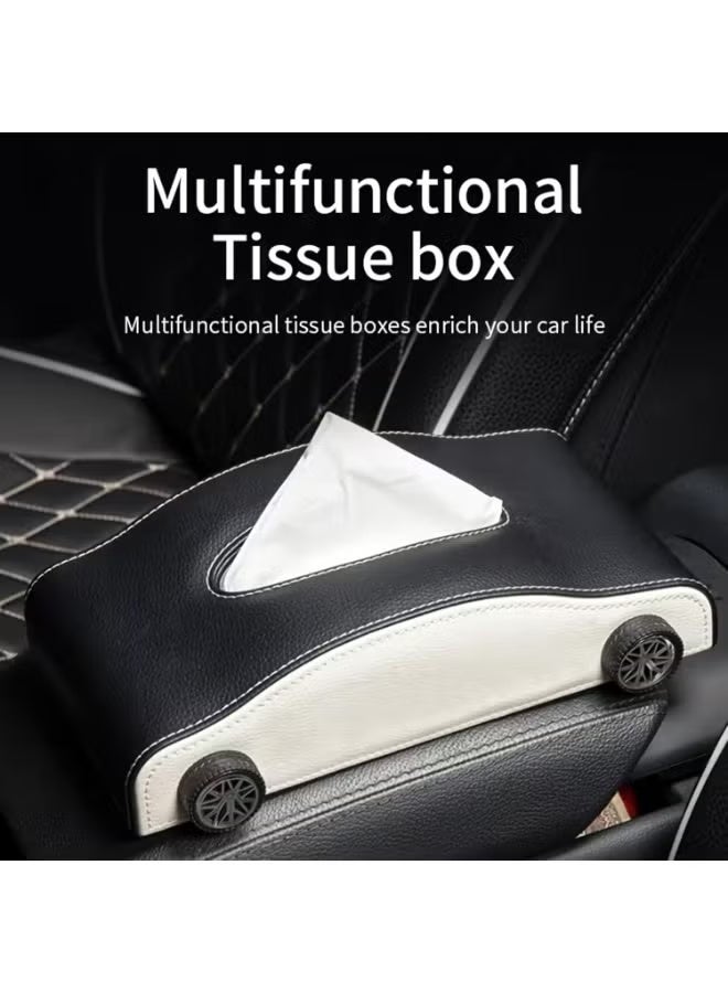 JUE-FISH Car-Shaped Tissue Box Holder, PU Leather Tissue Case with Anti-Slip Base, Auto Interior Organizer Napkin Holder, Luxury Car Accessories for Dashboard (Black and beige) - Image 2