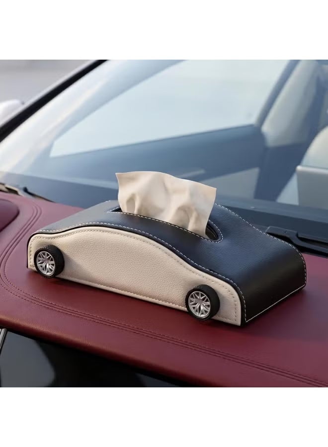 JUE-FISH Car-Shaped Tissue Box Holder, PU Leather Tissue Case with Anti-Slip Base, Auto Interior Organizer Napkin Holder, Luxury Car Accessories for Dashboard (Black and beige) - Image 1