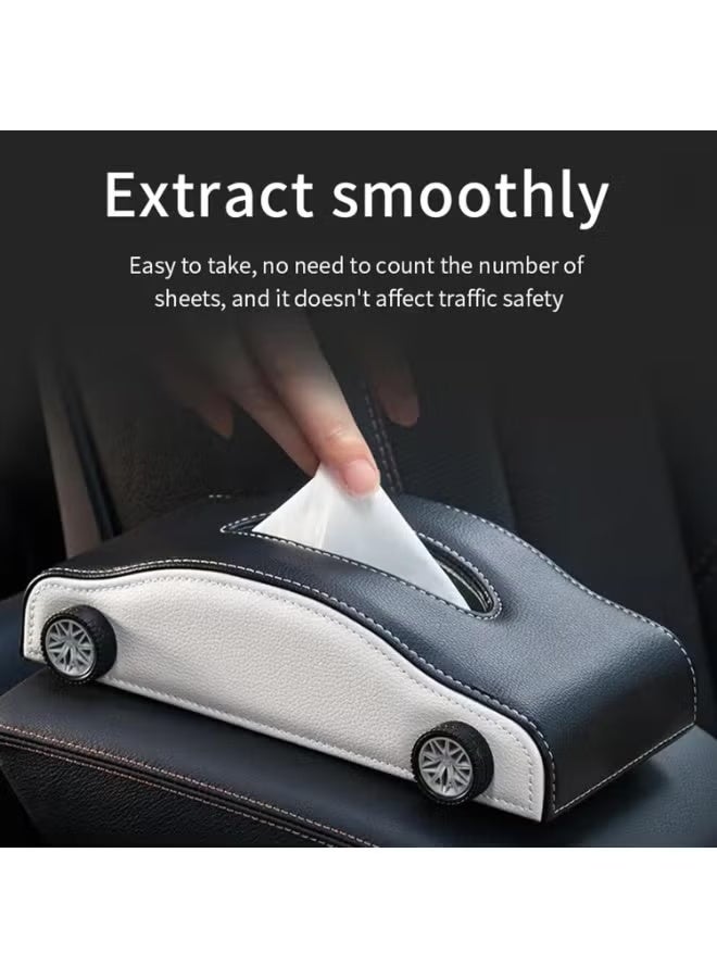 JUE-FISH Car-Shaped Tissue Box Holder, PU Leather Tissue Case with Anti-Slip Base, Auto Interior Organizer Napkin Holder, Luxury Car Accessories for Dashboard (Black and beige) - Image 5