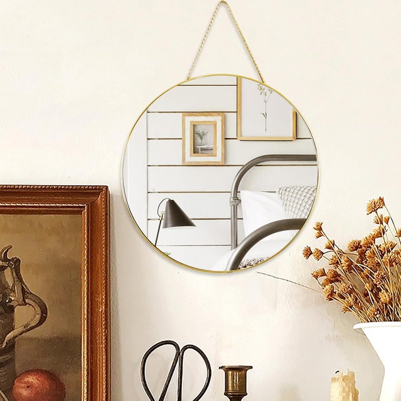 35cm Gold Round Wall Mirror with Hanging Rope – Modern Decorative Mirror for Living Room, Bathroom, Entryway, Bedroom – Small Round Hanging Mirror with Elegant Metal Frame - Image 1
