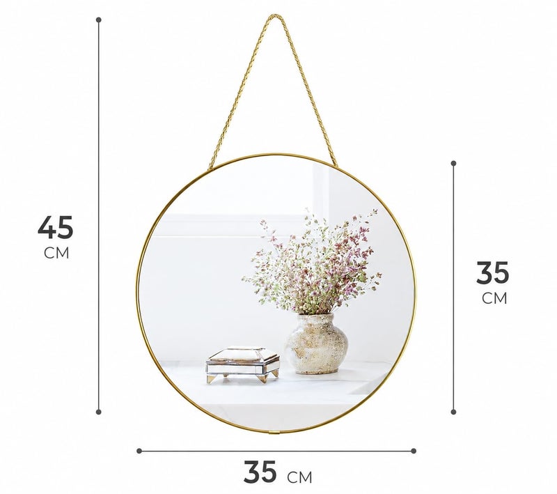 35cm Gold Round Wall Mirror with Hanging Rope – Modern Decorative Mirror for Living Room, Bathroom, Entryway, Bedroom – Small Round Hanging Mirror with Elegant Metal Frame - Image 2