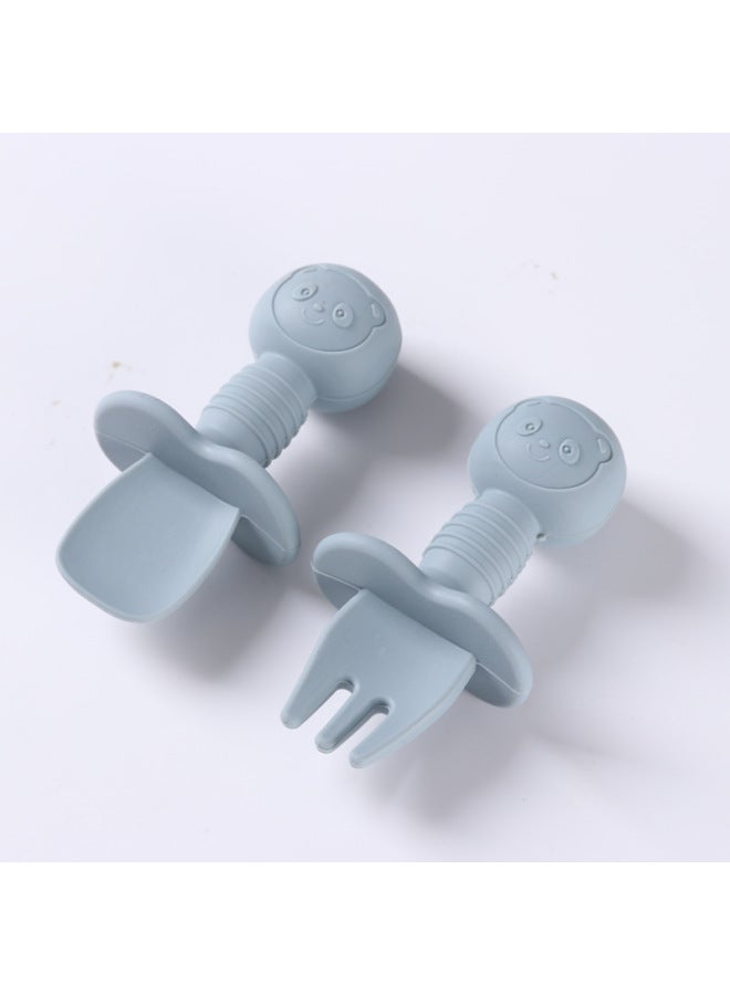 Food Grade Children's Wooden Handle Silicone Spoon Fork Tableware Baby Training Complementary Food Spoon Baby Feeding Spoon Fork-Specifications:Default-Color:Sea Blue (full Silicone + Short Spoon + Short Fork) - Image 1