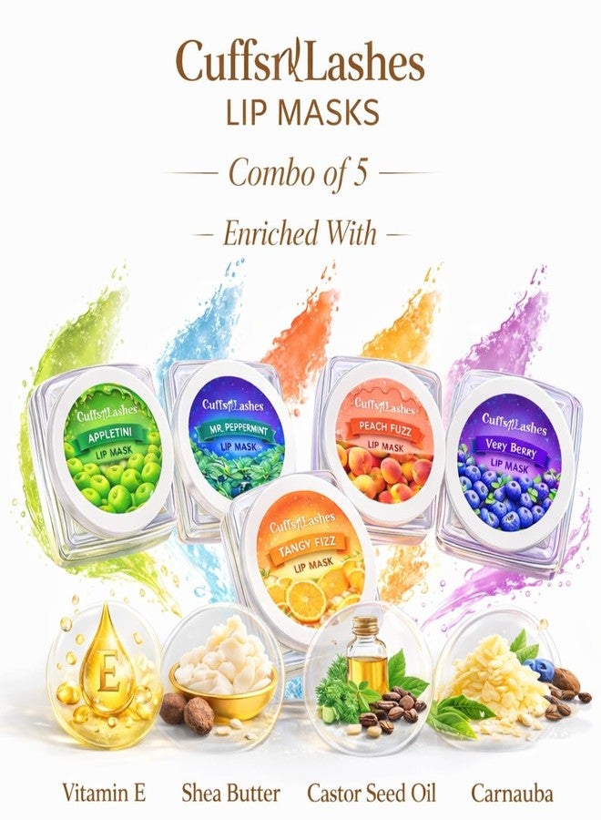Cuffs N Lashes Lip Mask Set, 5 Flavours, Appletini, Mr. Peppermint, Peach Fuzz, Tangy Fizz, Very Berry, Balm, Multicolour, 40g - Image 5