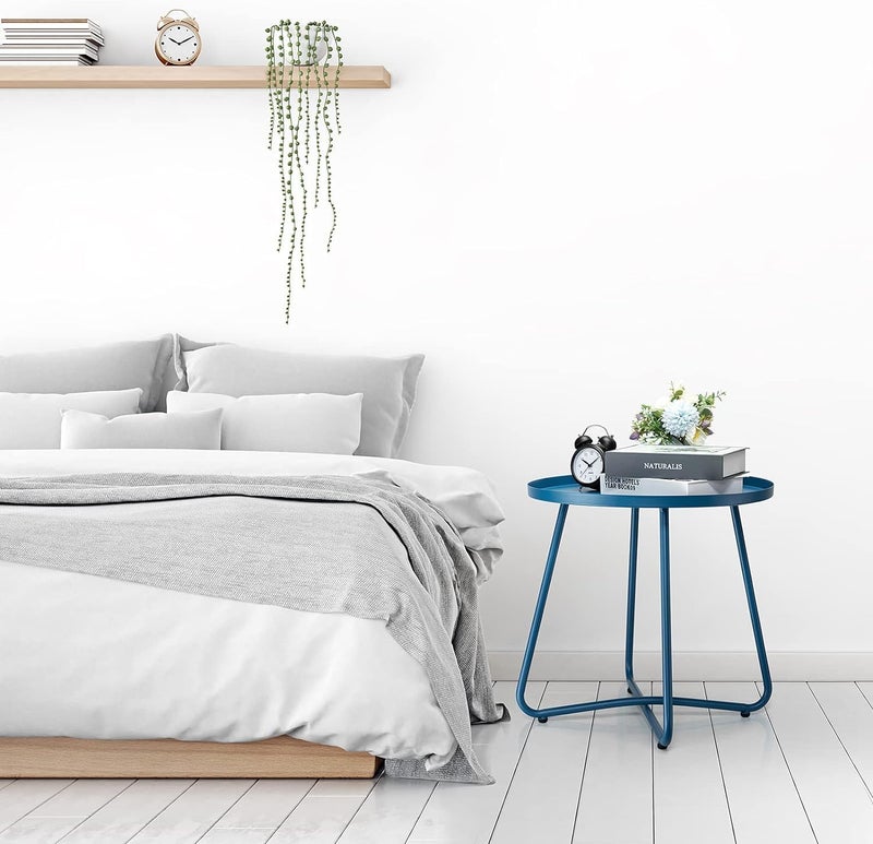 danpinera طاولة دانبينيرا الخارجية المستديرة الصغيرة المقاومة للعوامل الجوية، من الفولاذ، مناسبة للحديقة والشرفة وجانب السرير (لون أزرق) - Image 4