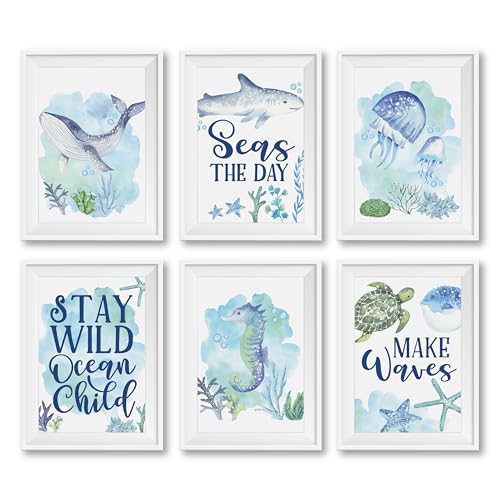 Hadley Designs 6 Ocean Wall Decor - Beach Room Decor for Toddlers, Shark and Whale Pictures Wall Decors for Kids, Reversible Unframed Ocean Art for Kids Bedroom, Made in USA - Image 1