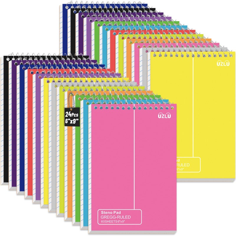 UZLU 24 Pack Steno Pads 6 x 9 in Spiral Top Notebook Bulk 12 Assorted Color Note Pad 60 Sheets Gregg Rule Writing Paper Steno Notebooks for Students Teachers Men Women Professionals Office School Recording - Image 1