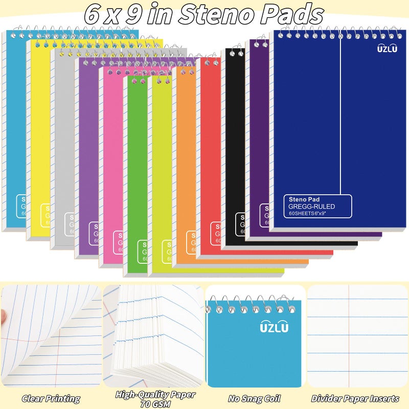 UZLU 24 Pack Steno Pads 6 x 9 in Spiral Top Notebook Bulk 12 Assorted Color Note Pad 60 Sheets Gregg Rule Writing Paper Steno Notebooks for Students Teachers Men Women Professionals Office School Recording - Image 3