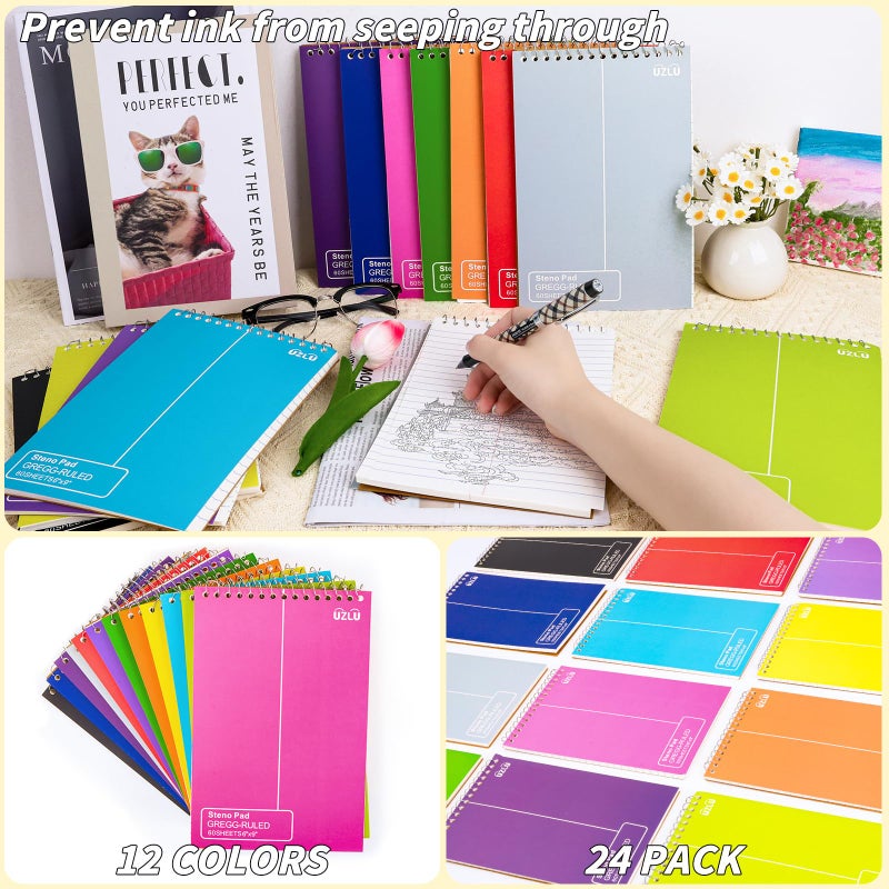 UZLU 24 Pack Steno Pads 6 x 9 in Spiral Top Notebook Bulk 12 Assorted Color Note Pad 60 Sheets Gregg Rule Writing Paper Steno Notebooks for Students Teachers Men Women Professionals Office School Recording - Image 5