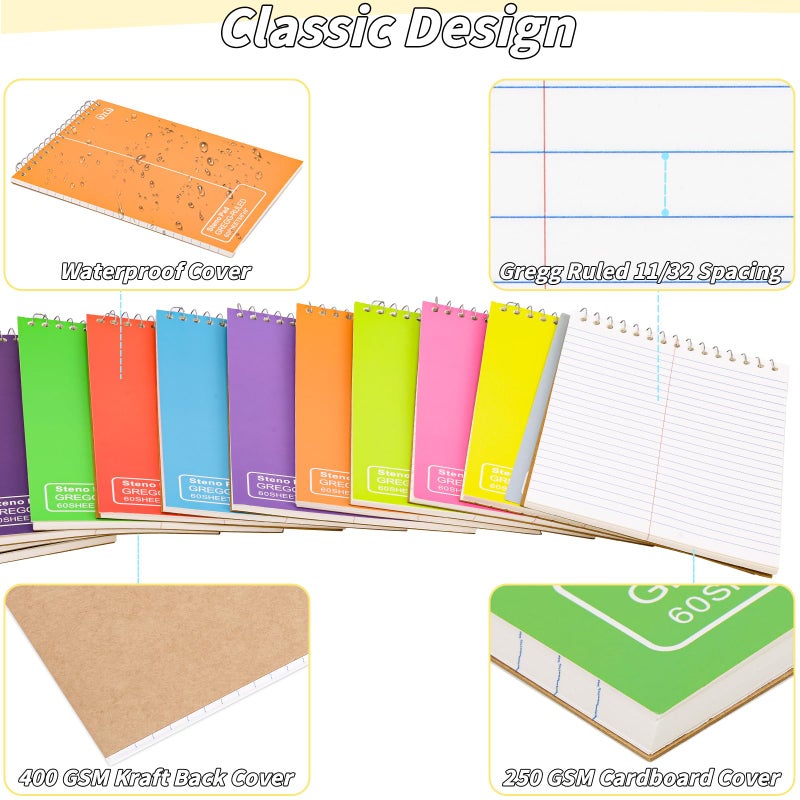 UZLU 24 Pack Steno Pads 6 x 9 in Spiral Top Notebook Bulk 12 Assorted Color Note Pad 60 Sheets Gregg Rule Writing Paper Steno Notebooks for Students Teachers Men Women Professionals Office School Recording - Image 4