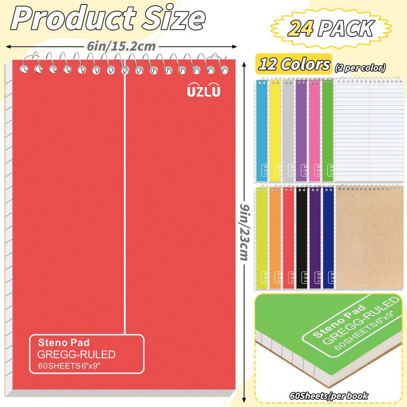 UZLU 24 Pack Steno Pads 6 x 9 in Spiral Top Notebook Bulk 12 Assorted Color Note Pad 60 Sheets Gregg Rule Writing Paper Steno Notebooks for Students Teachers Men Women Professionals Office School Recording - Image 2