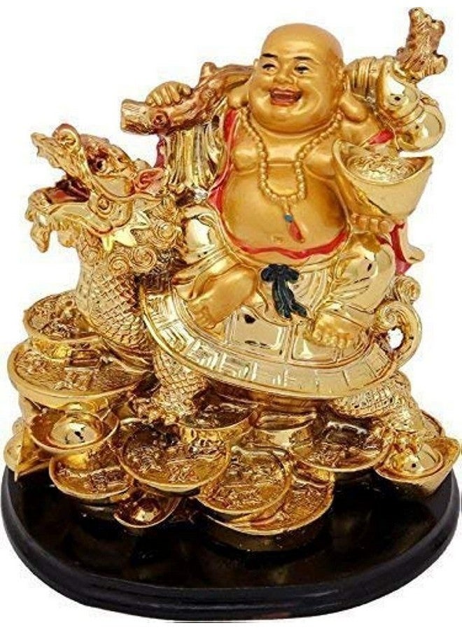 GJ Resin Laughing Buddha On Dragon For Money And Health And Good Luck, Pack of 1 (Gold) - Image 1