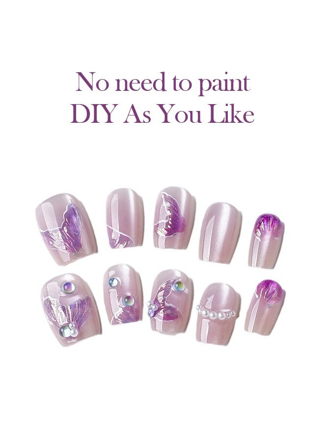 ElegaNail 10-Pcs Purple Fish Tail Gilt Cat-Eye Press-on Nails, Short T-Shaped  Nails with Floral Gradient & Mirror Finish, XS/S/M Sizes and Tools (Random Packaging)  - Image 3