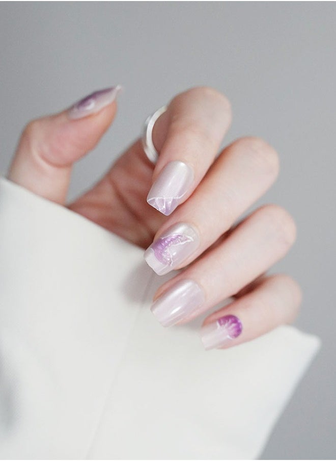 ElegaNail - 10-Pcs Purple Fish Tail Gilt Cat-Eye Press-on Nails, Short T-Shaped  Nails with Floral Gradient & Mirror Finish, XS/S/M Sizes and Tools (Random Packaging) - Image 1