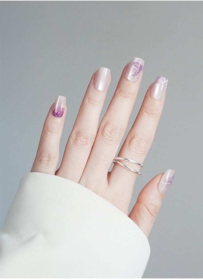ElegaNail - 10-Pcs Purple Fish Tail Gilt Cat-Eye Press-on Nails, Short T-Shaped  Nails with Floral Gradient & Mirror Finish, XS/S/M Sizes and Tools (Random Packaging) - Image 1