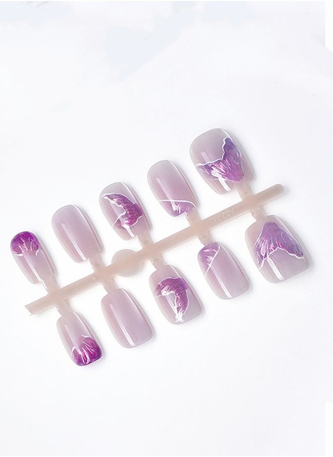 ElegaNail 10-Pcs Purple Fish Tail Gilt Cat-Eye Press-on Nails, Short T-Shaped  Nails with Floral Gradient & Mirror Finish, XS/S/M Sizes and Tools (Random Packaging)  - Image 2