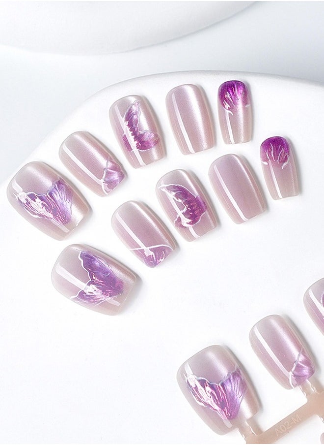 ElegaNail 10-Pcs Purple Fish Tail Gilt Cat-Eye Press-on Nails, Short T-Shaped  Nails with Floral Gradient & Mirror Finish, XS/S/M Sizes and Tools (Random Packaging)  - Image 4