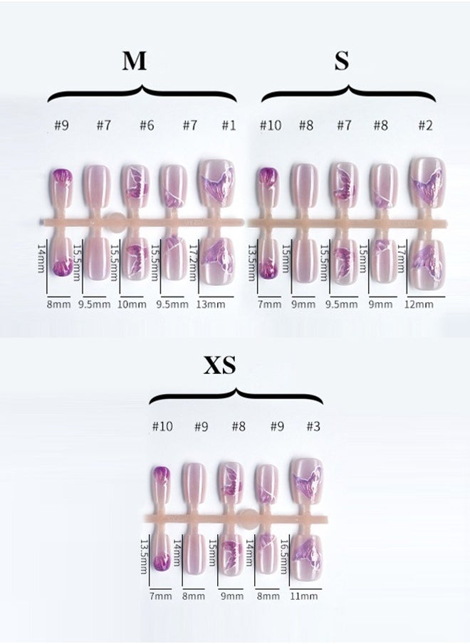 ElegaNail - 10-Pcs Purple Fish Tail Gilt Cat-Eye Press-on Nails, Short T-Shaped  Nails with Floral Gradient & Mirror Finish, XS/S/M Sizes and Tools (Random Packaging) - Image 1