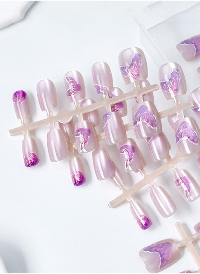 ElegaNail 10-Pcs Purple Fish Tail Gilt Cat-Eye Press-on Nails, Short T-Shaped  Nails with Floral Gradient & Mirror Finish, XS/S/M Sizes and Tools (Random Packaging)  - Image 5
