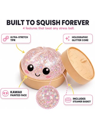 Glitter Dumpling Squishy Stress Ball with Bamboo Steamer Basket, Kawaii Mochi Fidget Toy for Kids Adults, Anti-Anxiety Sensory Squeeze Bao Bun, Random Mystery Color – 1 Pack - view 4