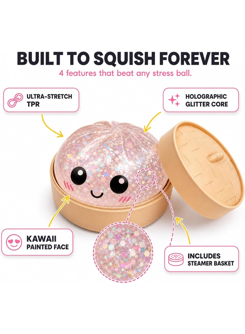 ARGT Glitter Dumpling Squishy Stress Ball with Bamboo Steamer Basket, Kawaii Mochi Fidget Toy for Kids Adults, Anti-Anxiety Sensory Squeeze Bao Bun, Random Mystery Color – 1 Pack - Image 4