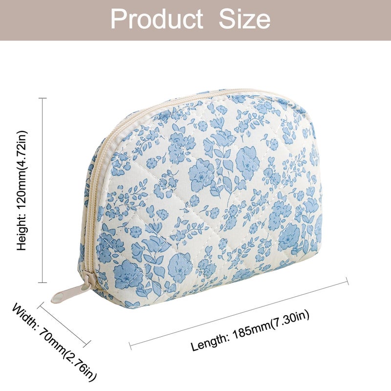 WHHJM Dome Cosmetic Makeup Bag Small Cotton Quilted Makeup Pouch for Purse Cute Floral Travel Toiletry Zipper Pouch (Blue Floral) - Image 5