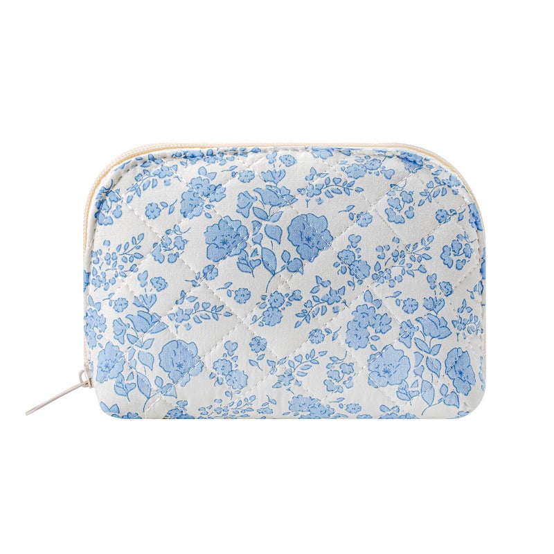 WHHJM Dome Cosmetic Makeup Bag Small Cotton Quilted Makeup Pouch for Purse Cute Floral Travel Toiletry Zipper Pouch (Blue Floral) - Image 1