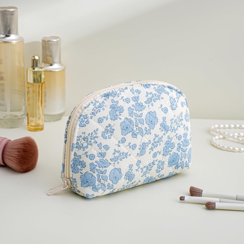 WHHJM Dome Cosmetic Makeup Bag Small Cotton Quilted Makeup Pouch for Purse Cute Floral Travel Toiletry Zipper Pouch (Blue Floral) - Image 2