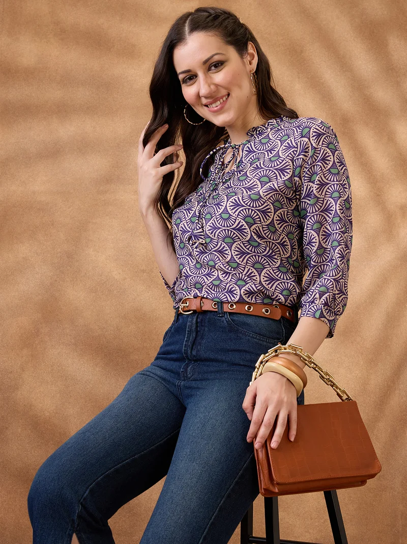 globus Women Blue Frilled Tie-Up Neck Ethnic Print Curved Hem Workwear Tunic