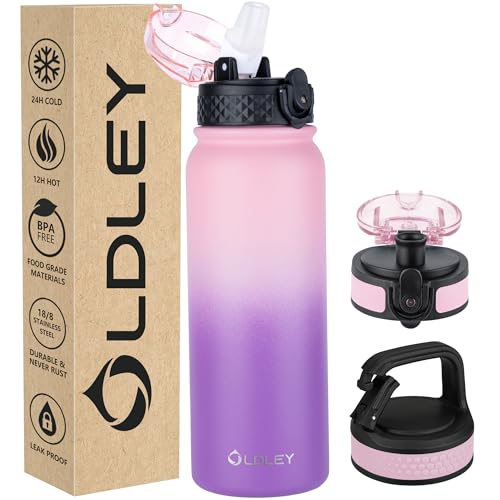 OLDLEY Insulated Water Bottle 20oz Water Bottles with Straw Stainless Steel Water Bottle with 3 Lids Double Wall Vacuum Bottles for Adult Kids Sports Bottles for School Travel Ombre PinkPurple