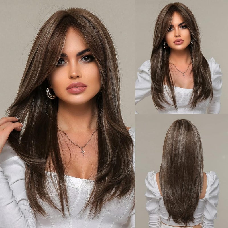 EMMOR Brown Wigs for WomenLong Layered Wigs with Curtain Bangs Heat Resistant Synthetic Fibre WigsBrown with Grey Highlight