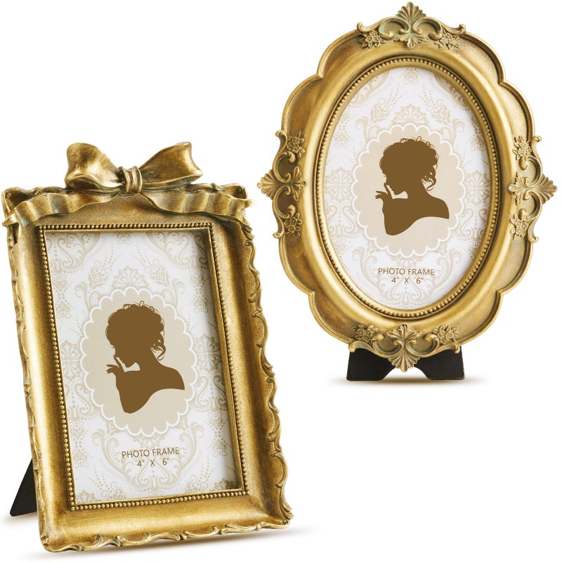 Qunclay 2 Pcs Vintage Picture Frames Antique Baroque Ornate Resin Rectangle Oval Photo Frames with Glass Front Tabletop and Wall Decor for Home Wedding Christmas Party Decor(Bronze,4 x 6 Inches) - Image 1