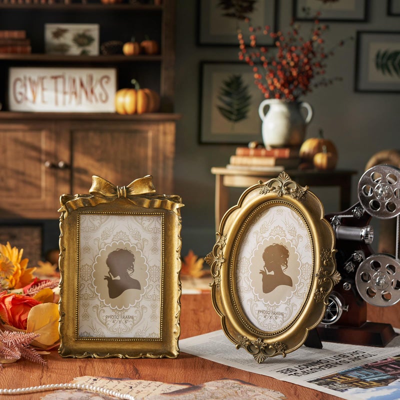 Qunclay 2 Pcs Vintage Picture Frames Antique Baroque Ornate Resin Rectangle Oval Photo Frames with Glass Front Tabletop and Wall Decor for Home Wedding Christmas Party Decor(Bronze,4 x 6 Inches) - Image 2
