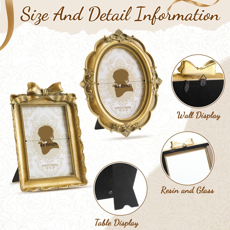 Qunclay 2 Pcs Vintage Picture Frames Antique Baroque Ornate Resin Rectangle Oval Photo Frames with Glass Front Tabletop and Wall Decor for Home Wedding Christmas Party Decor(Bronze,4 x 6 Inches) - Image 3