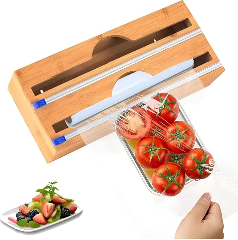 حامل - صندوق تخزين لفائف الخيزران مزود بقاطع دقيق، متوافق مع ورق الألمنيوم اللاصق وورق الخبز، يناسب اللفائف مقاس 15 بوصة بشكل آمن، صديق للبيئة وطبيعي من الناحية الجمالية (رقم الموديل 1)