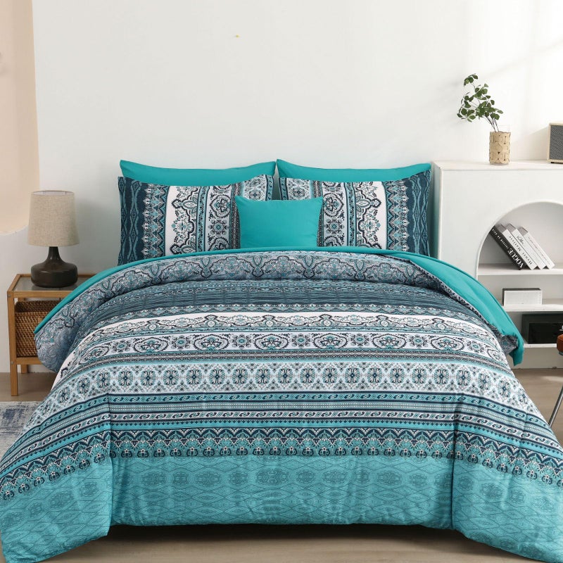 Cottolester Boho Queen Comforter Set 8 Pieces Teal Comforter Bohemian Striped Bed in A BagSoft Microfiber Bedding Set for All Seasons