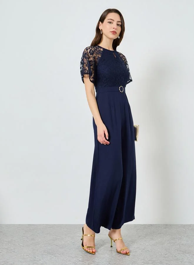 Lace Insert Buckle Detail Wide Leg Jumpsuit