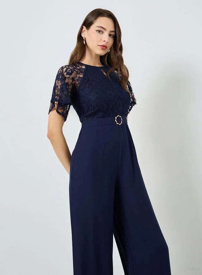 Styli Lace Insert Buckle Detail Wide Leg Jumpsuit