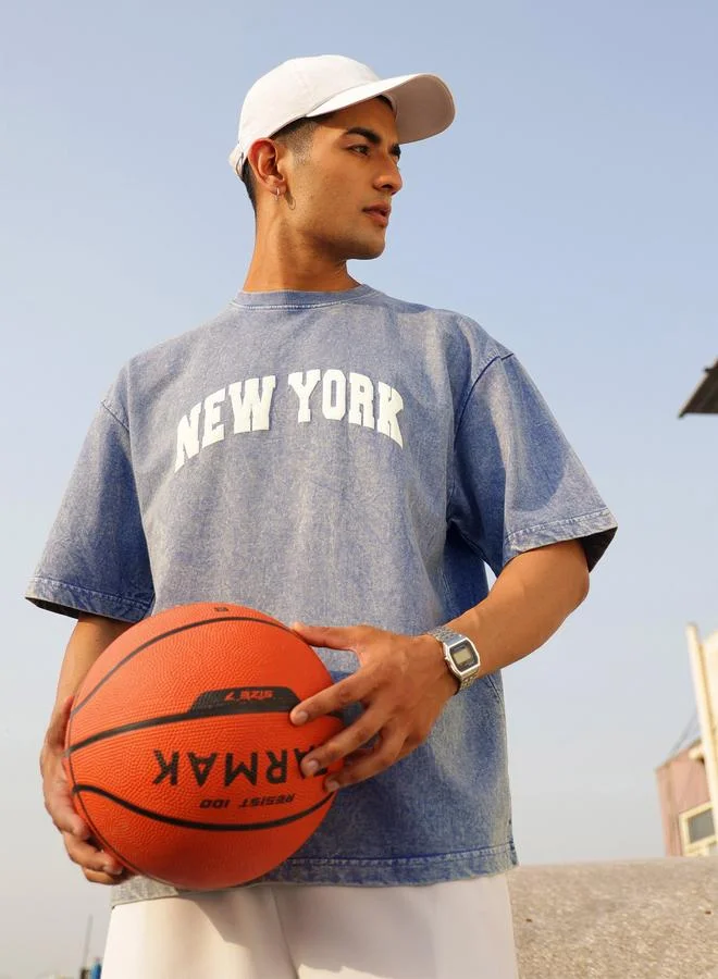 ساسافراس Men Blue Overdye New York Print Oversized T-Shirt