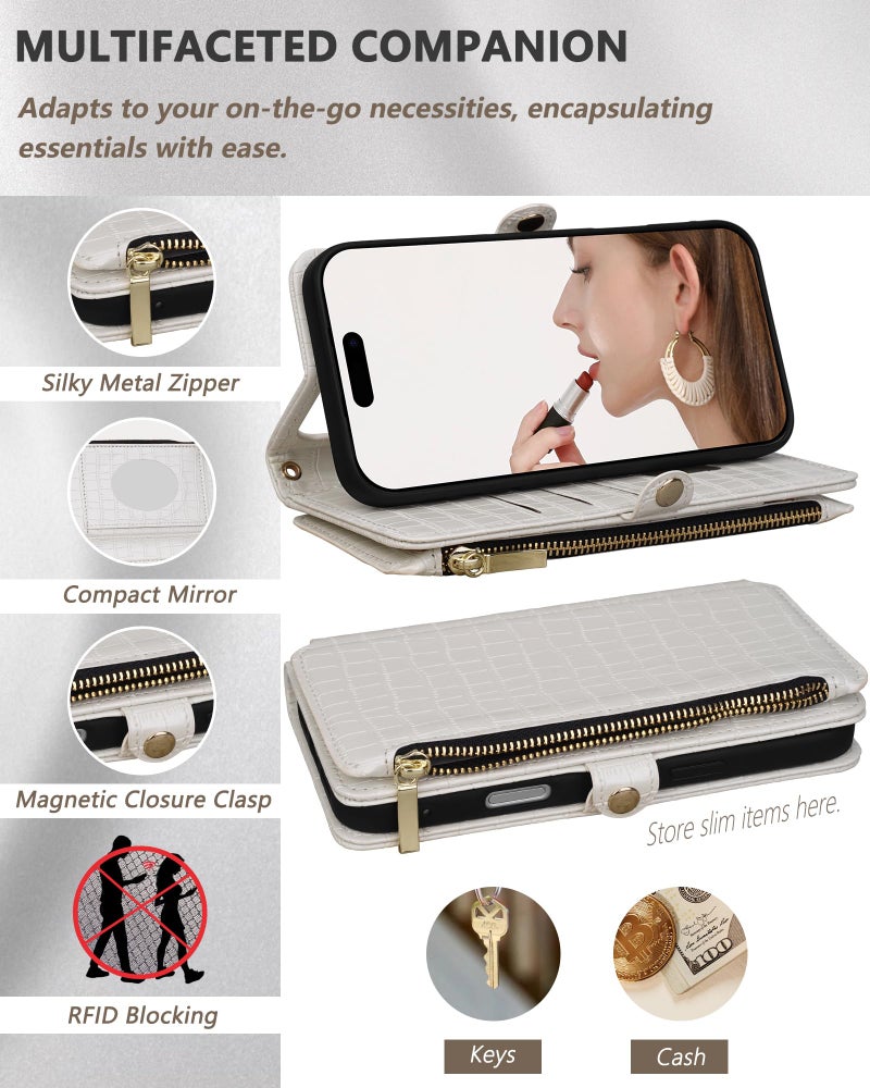 Stylivolve Crossbody Wallet Case for iPhone 17 Pro Max with Mirror, Wrist Strap, Zipper Purse Magnetic Flip, RFID Blocking Card Holder, Wireless Charging, PU Leather Shockproof 6.9" Women (White) - Image 3